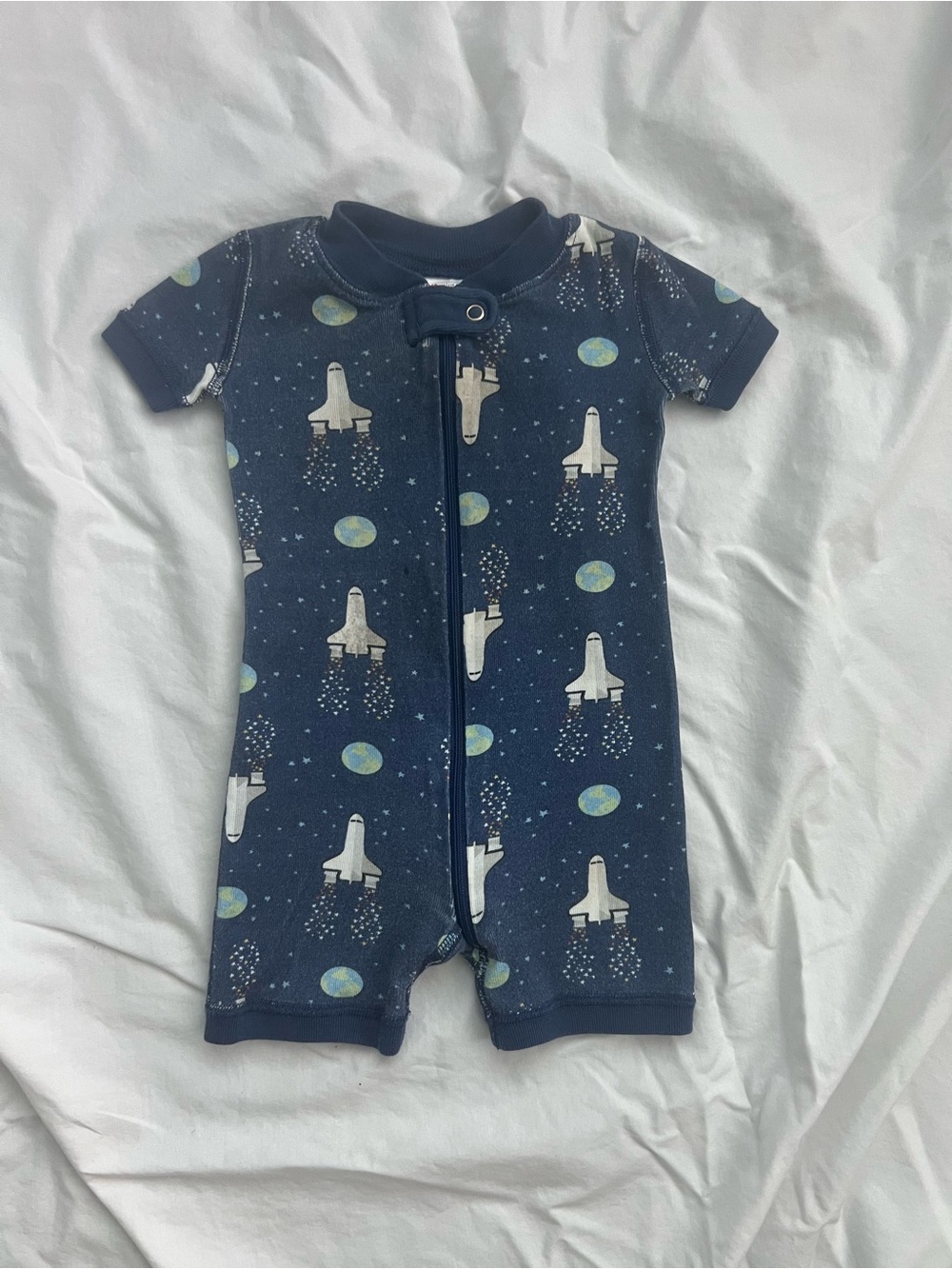 Hanna Andersson Navy Space Shuttle Short Sleeve Romper with Planets